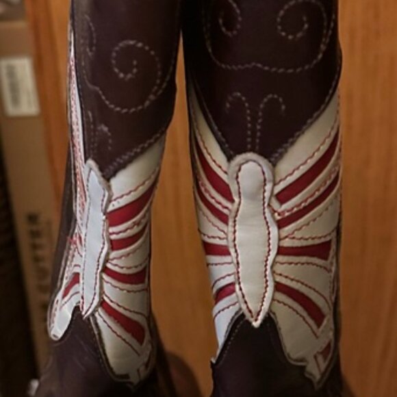 EUC Dingo Women's Brown Cowboy Boots Red Butterfly Inlay Leather size- 8.5 - Picture 8 of 9